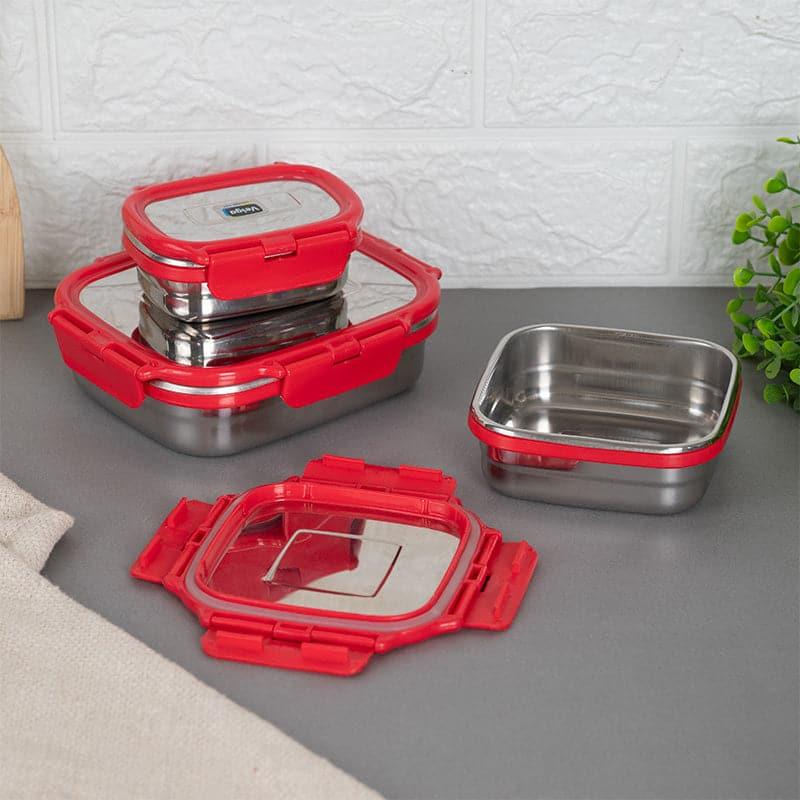 Tiffin Box & Storage Box - Savory Sam Red Lunch Box (630/330/180 ML) - Three Piece Set