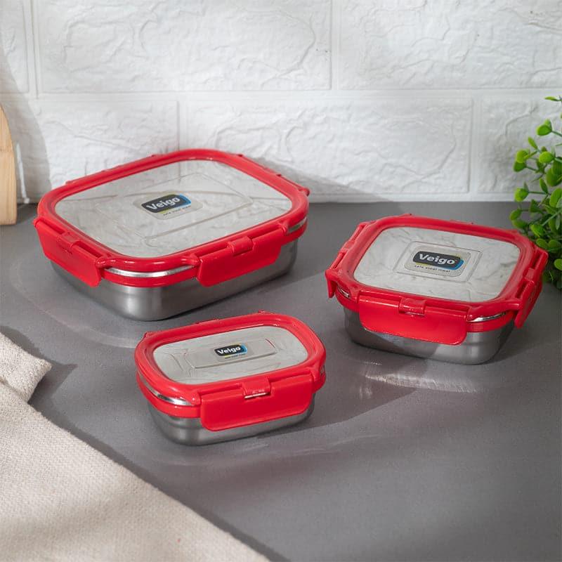 Tiffin Box & Storage Box - Savory Sam Red Lunch Box (630/330/180 ML) - Three Piece Set