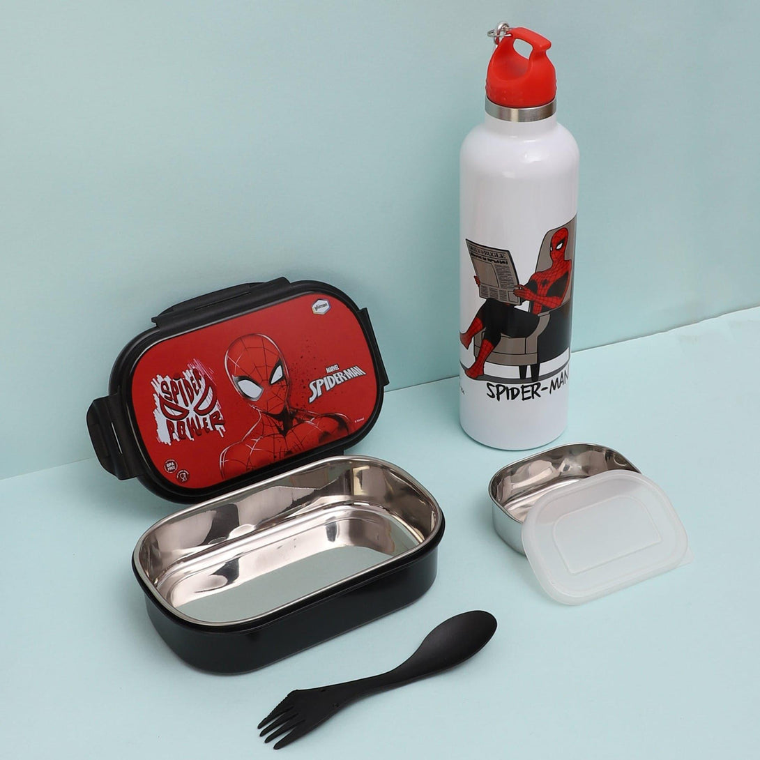 Tiffin Box & Storage Box - Spider Hero Lunch Box 800 ML With 1000 ML With Water Bottle - Two Piece Set