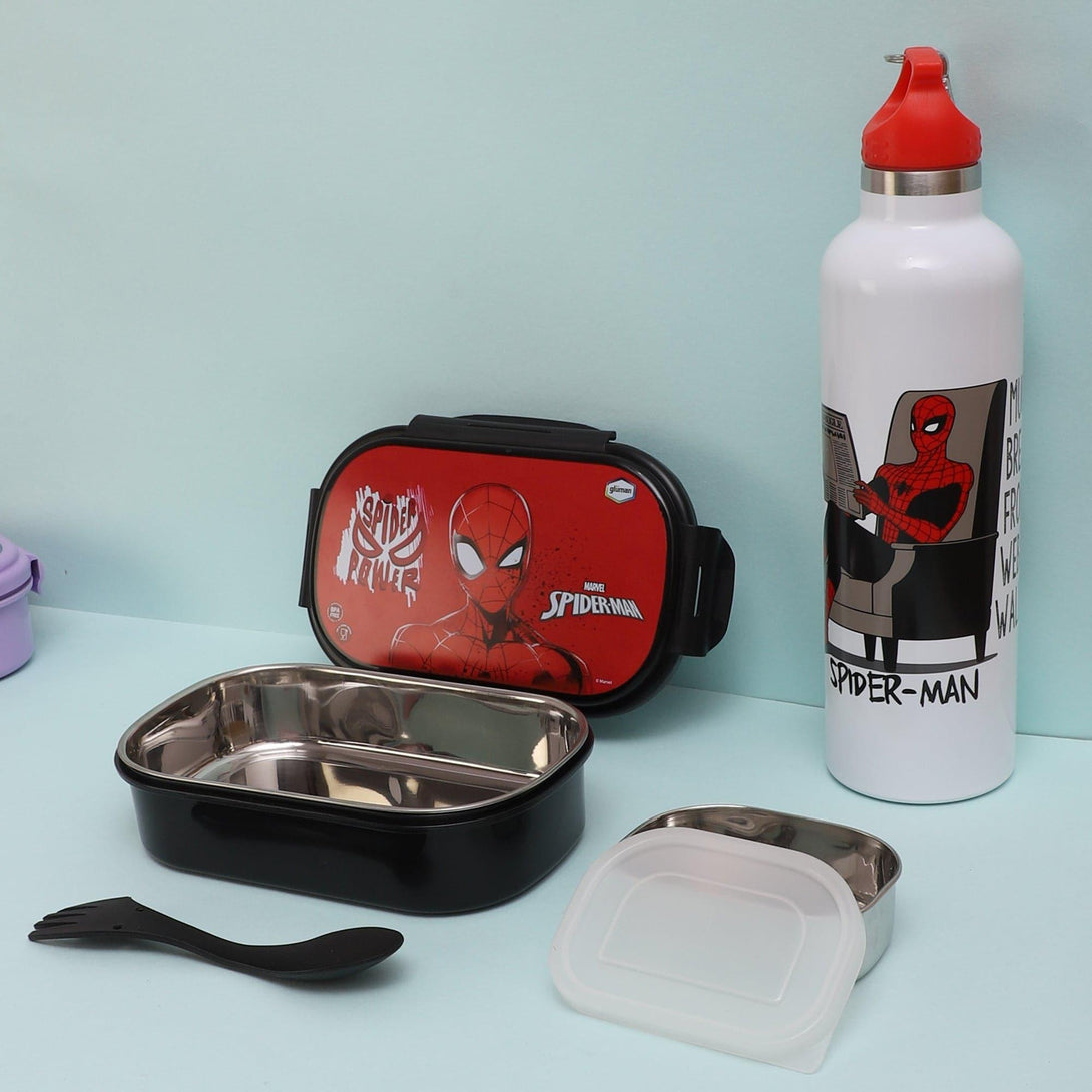 Tiffin Box & Storage Box - Spider Hero Lunch Box 800 ML With 1000 ML With Water Bottle - Two Piece Set