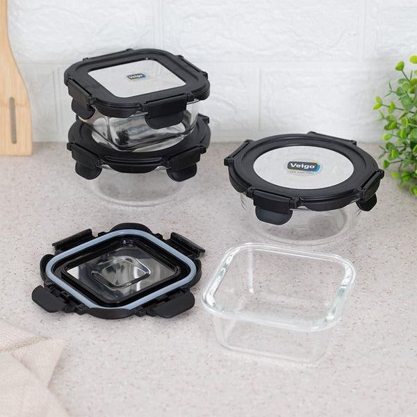 Tiffin Box & Storage Box - Tasteo Black Glass Lunch Box (320 ML/400 ML) - Set Of Four