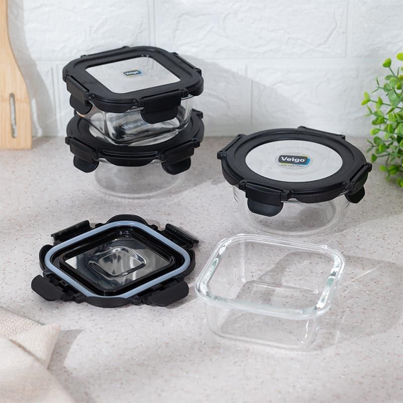 Tiffin Box & Storage Box - Tasteo Black Glass Lunch Box (320 ML/400 ML) - Set Of Four