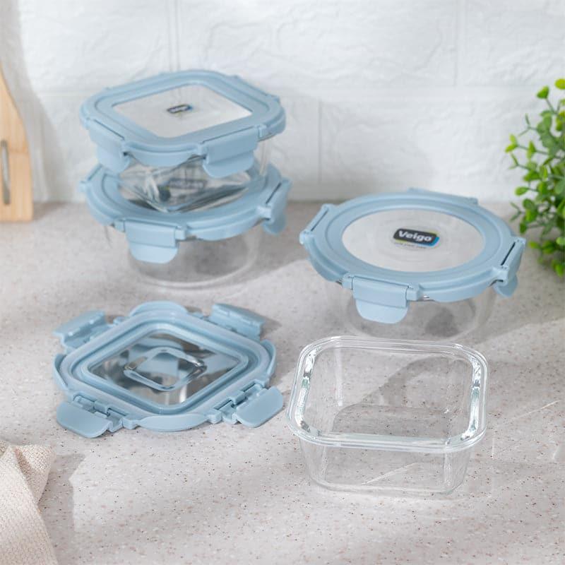 Tiffin Box & Storage Box - Tasteo Blue Glass Lunch Box (320 ML/400 ML) - Set Of Four