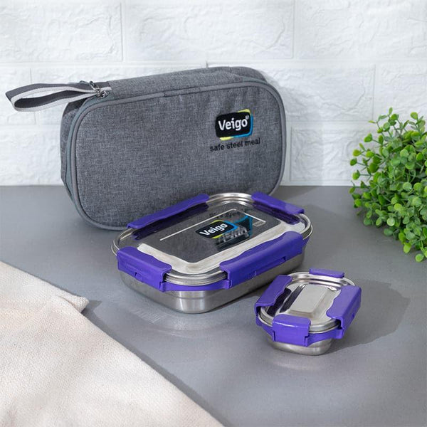 Tiffin Box & Storage Box - Tasteo Pack Violet Lunch Box With Insulated Pouch (950/200 ML) - Two Piece Set