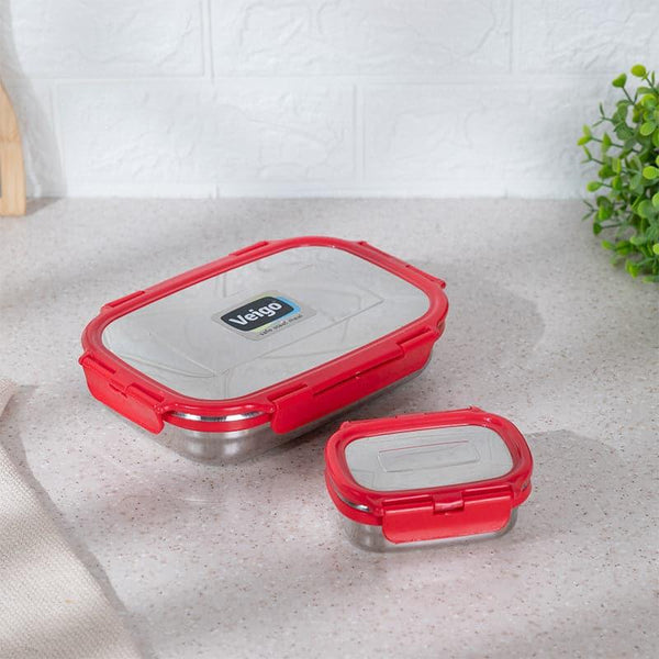 Tiffin Box & Storage Box - Vidora Red Stainless Steel Lunch Box (950/180 ML) - Two Piece Set