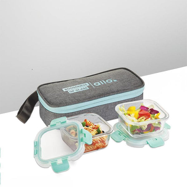 Tiffin Box - Jonas Lunchbox With Rectangle Grey Bag (310 ML) - Set Of Two