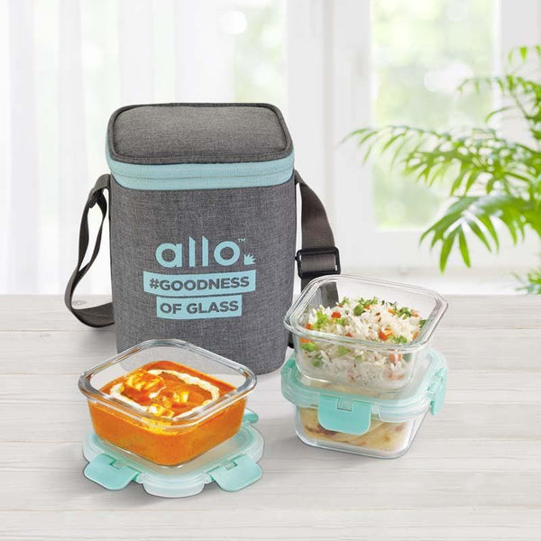 Tiffin Box - Jonas Lunchbox With Square Canvas Grey Bag (310 ML) - Set Of Three