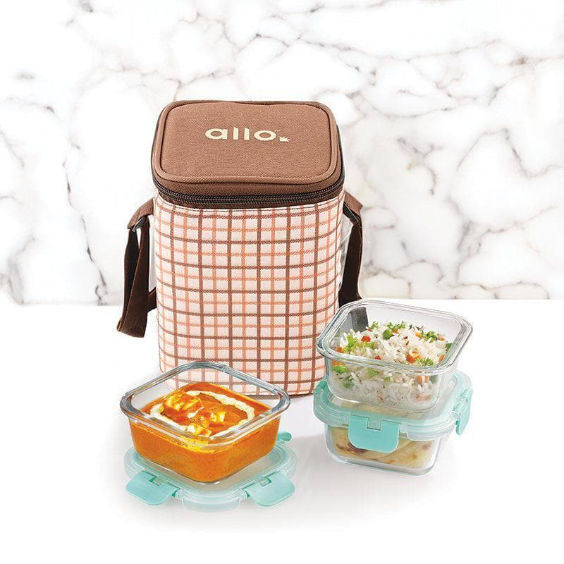 Tiffin Box - Jonas Lunchbox With Square Checks Bag (310 ML) - Set Of Three