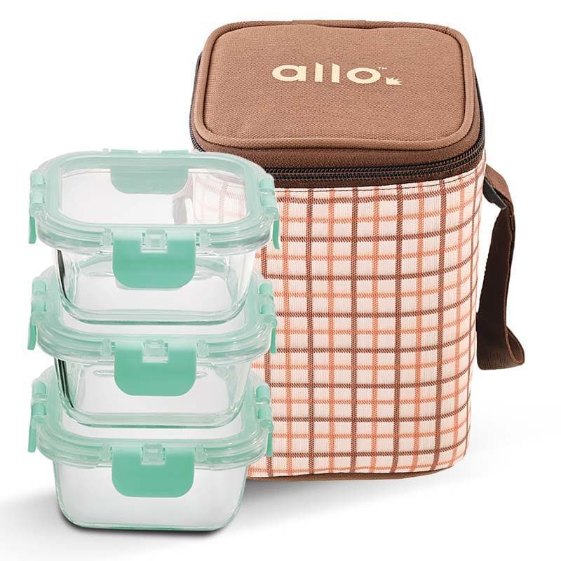 Tiffin Box - Jonas Lunchbox With Square Checks Bag (310 ML) - Set Of Three