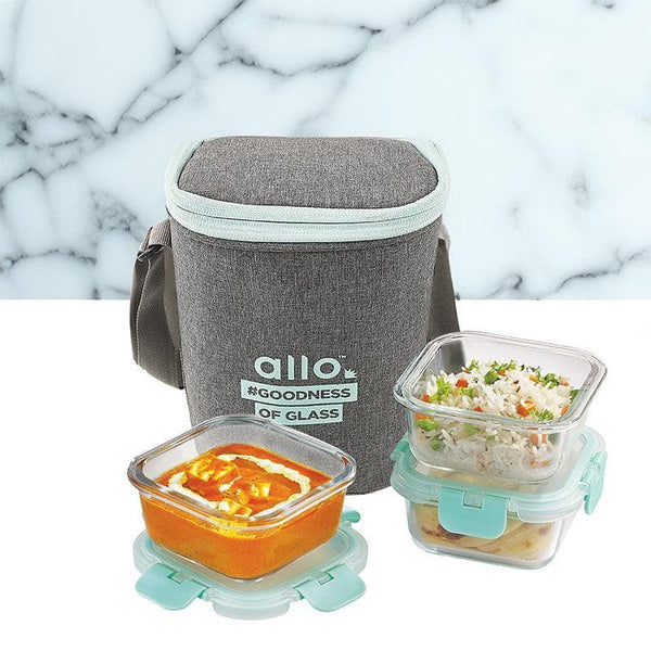 Tiffin Box - Jonas Lunchbox With Square Denim Grey Bag (310 ML) - Set Of Three