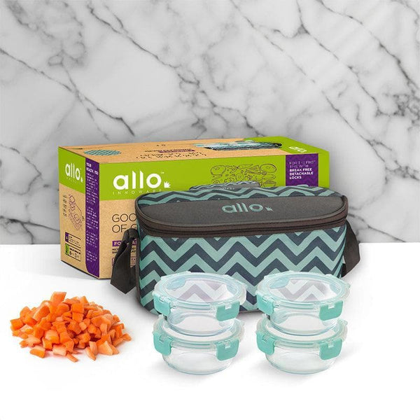 Tiffin Box - Jonas Round Lunchbox With Chevron Bag (390 ML) - Set Of Four