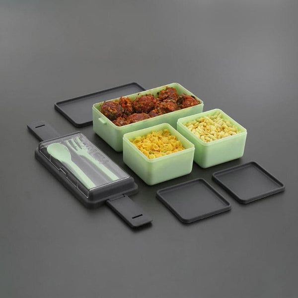 Tiffins & Lunch Box - Double Deck Lunch Box With Cutlery (Mint) - Set Of Three