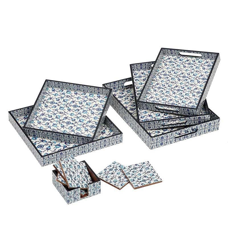 Serving Tray - Indigo Florets Serving Tray & Coaster - Set Of Six