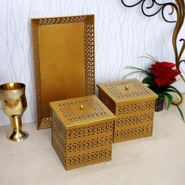 Buy Jaali Storage Box with Tray - Set of Three Serving Tray from Vaaree