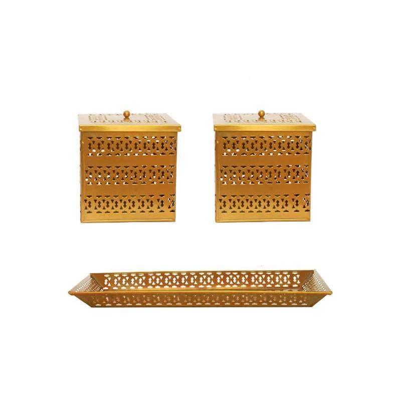 Buy Jaali Storage Box with Tray - Set of Three Serving Tray from Vaaree