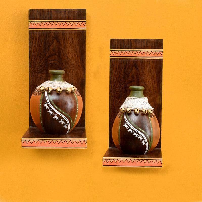 Wall Accents - Coco Calm Wall Shelf With Earthen Vases - Set Of Four