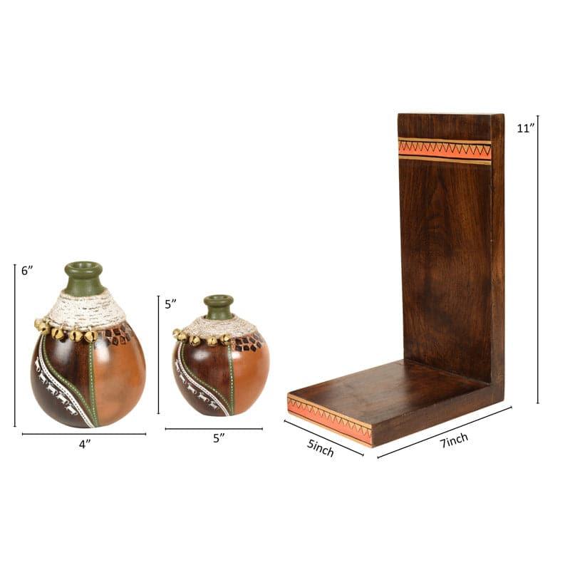 Wall Accents - Coco Calm Wall Shelf With Earthen Vases - Set Of Four