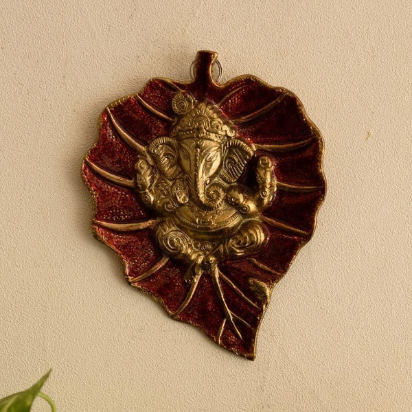 Wall Accents - Lord Ganesha On Red Leaf Idol Wall Accent