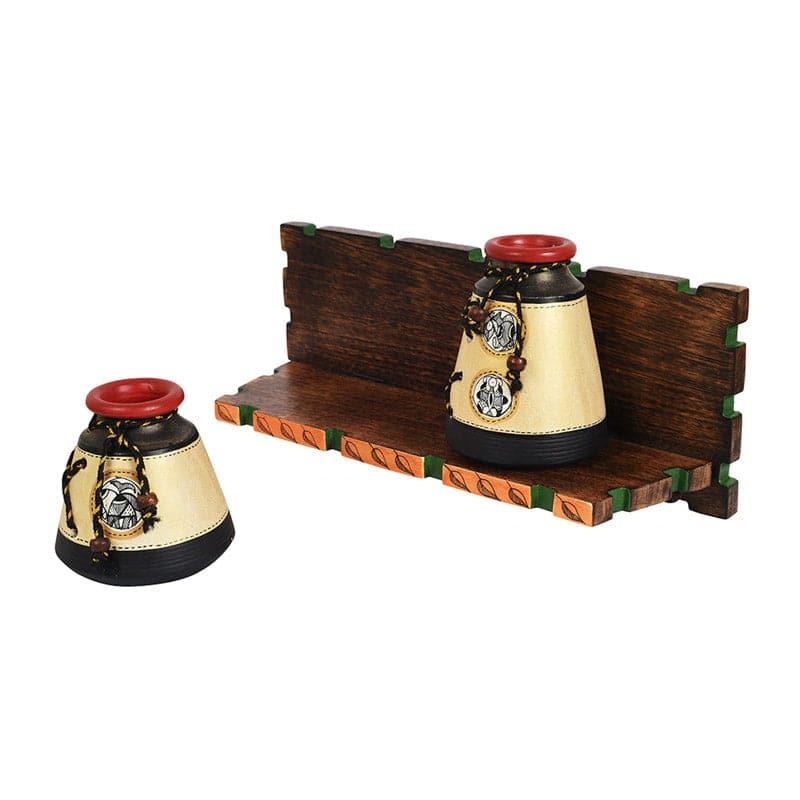 Wall Accents - Madhubani Wall Shelf With Pot - Set Of Three