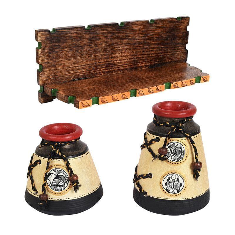 Wall Accents - Madhubani Wall Shelf With Pot - Set Of Three