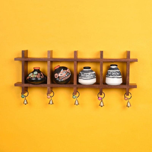 Wall Accents - Pelu Grided Wall Shelf With Warli Pot - Set Of Five