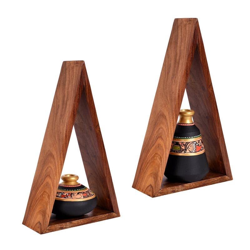 Wall Accents - Triangle Tree Wall Shelf With Madhubani Pot - Set Of Four