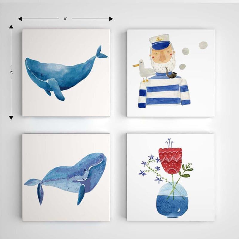 Wall Art & Paintings - Blue Whale Cartoon Wall Art - Set Of Four
