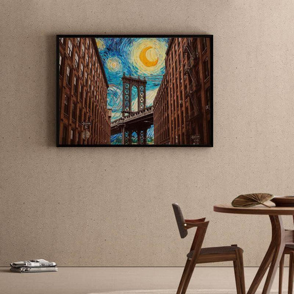 Wall Art & Paintings - Brooklyn Bridge Starry Night Mixed By Vincent Van Gogh - Black Frame