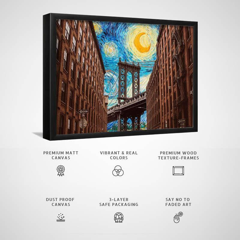 Wall Art & Paintings - Brooklyn Bridge Starry Night Mixed By Vincent Van Gogh - Black Frame