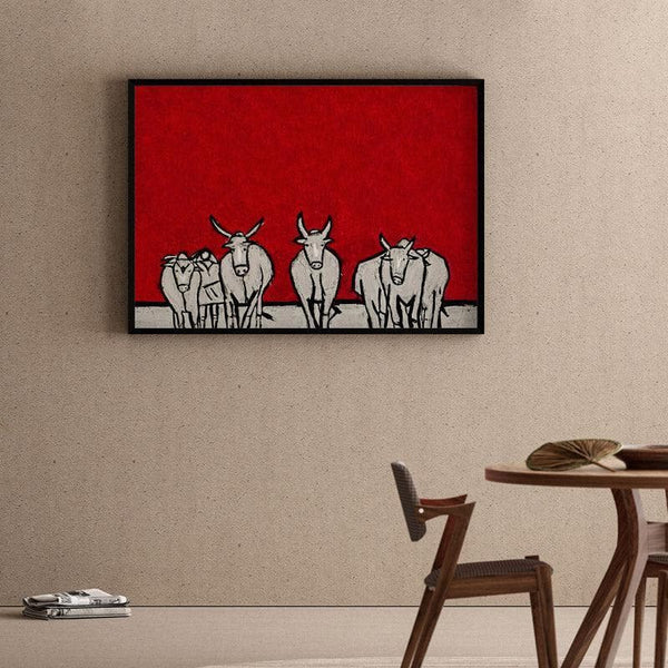 Wall Art & Paintings - Cattle Herd Horizon Wall Painting - Black Frame