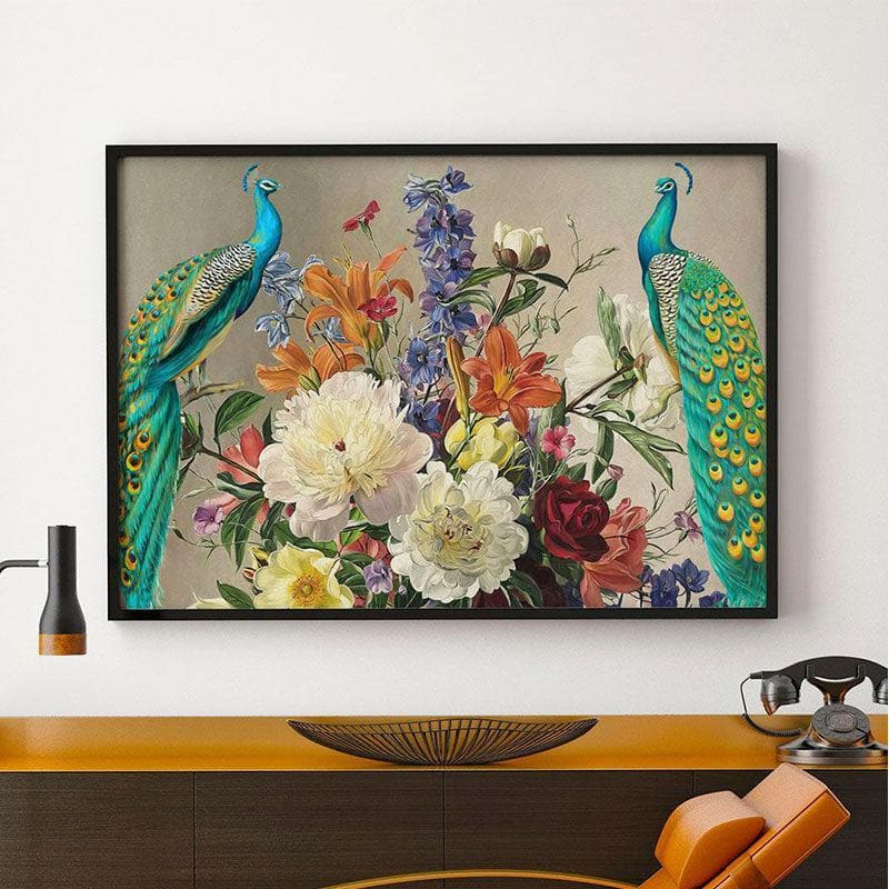 Buy Colorful Flowers and Two Peacocks Wall Painting - Black Frame Wall Art & Paintings from Vaaree