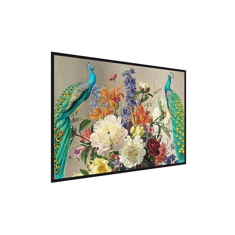 Buy Colorful Flowers and Two Peacocks Wall Painting - Black Frame Wall Art & Paintings from Vaaree