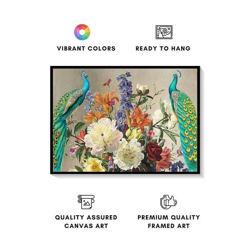 Buy Colorful Flowers and Two Peacocks Wall Painting - Black Frame Wall Art & Paintings from Vaaree