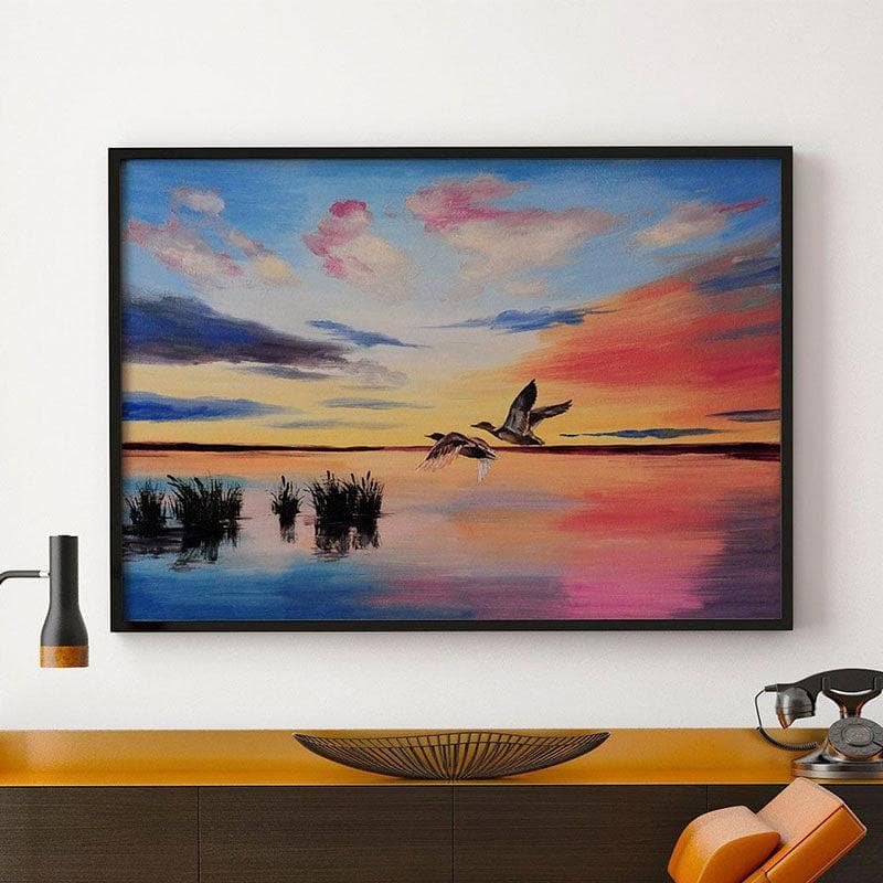 Wall Art & Paintings - Cranes At Sunset Wall Painting - Black Frame