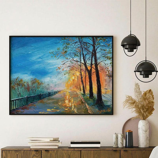 Wall Art & Paintings - Evening Autumn Street Wall Painting - Black Frame