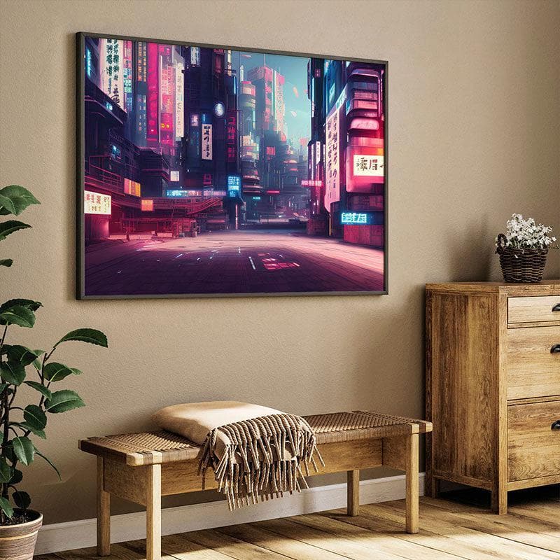 Wall Art & Paintings - Futuristic Japan City Wall Painting - Black Frame