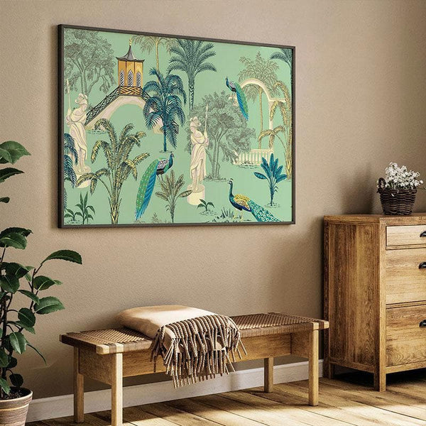 Wall Art & Paintings - India Peacock Heritage Wall Painting - Black Frame