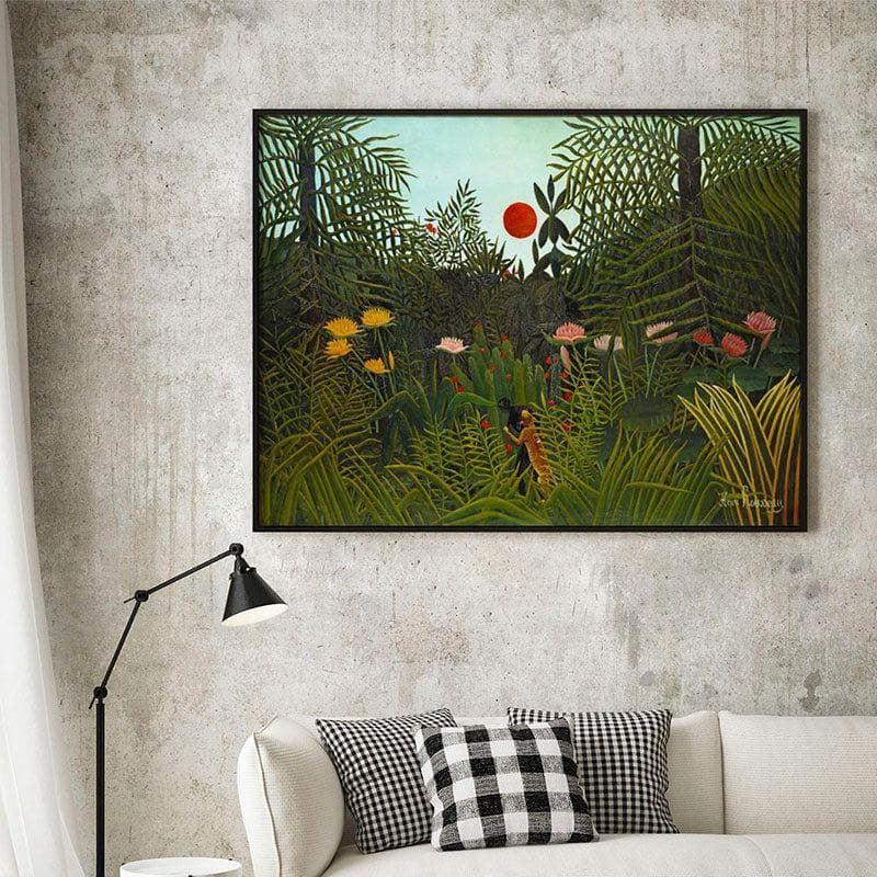 Wall Art & Paintings - Jungle and Setting Sun Wall Painting - Black Frame