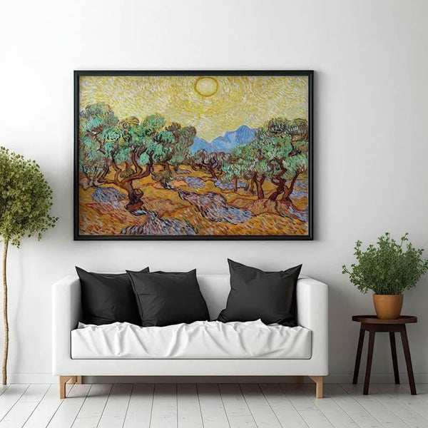 Wall Art & Paintings - Olive Trees With Yellow Sky & Sun By Vincent Van Gogh - Black Frame