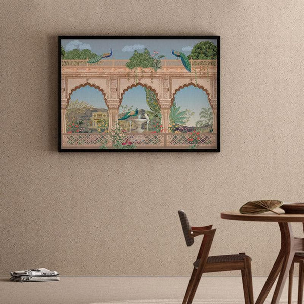 Wall Art & Paintings - Regal Mughal Heritage Garden Wall Painting - Black Frame