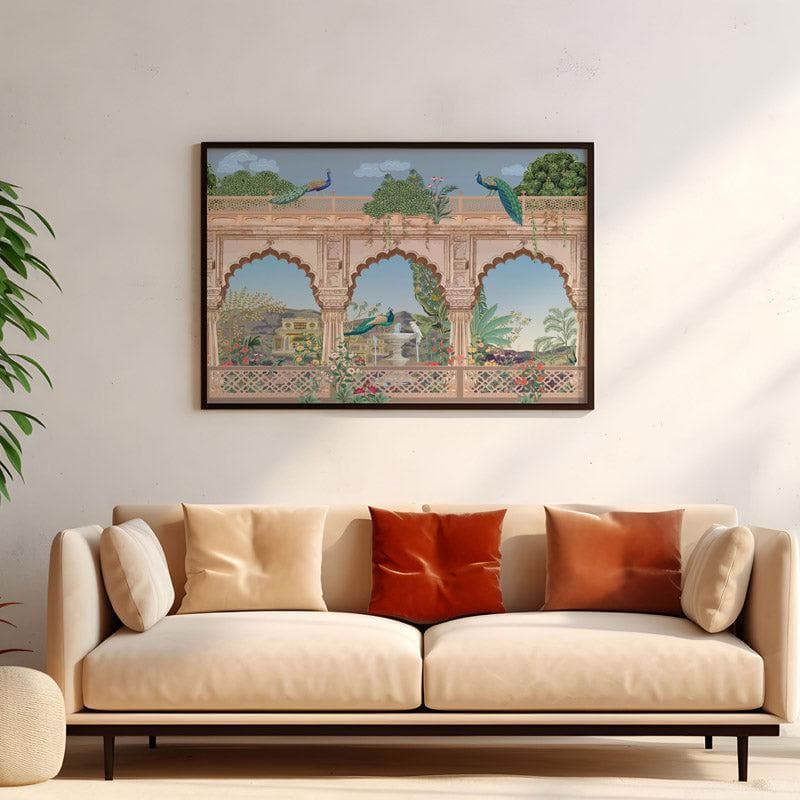 Wall Art & Paintings - Regal Mughal Heritage Garden Wall Painting - Black Frame