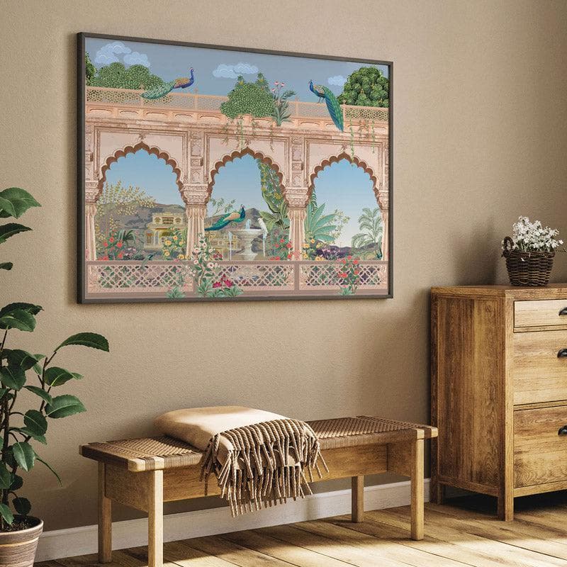 Wall Art & Paintings - Regal Mughal Heritage Garden Wall Painting - Black Frame