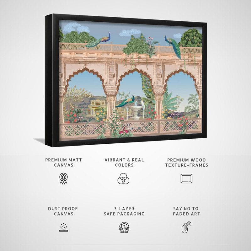 Wall Art & Paintings - Regal Mughal Heritage Garden Wall Painting - Black Frame