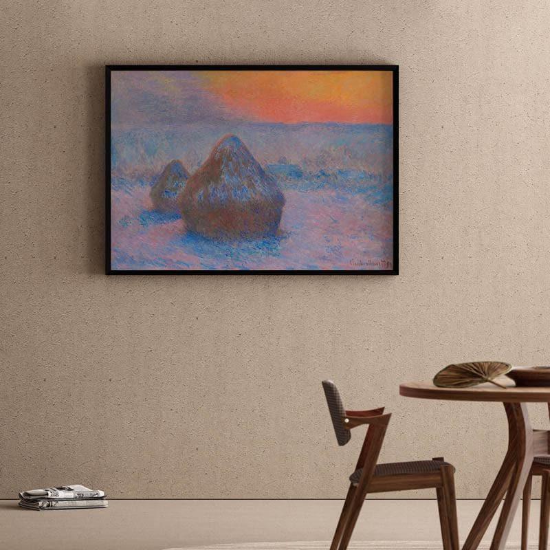 Wall Art & Paintings - Stacks Of Wheat At Sunset, Snow Effect By Claude Monet - Black Frame