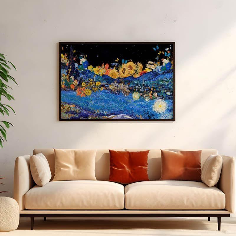 Wall Art & Paintings - Sunflower Garden & Starry Night Remix By Vincent Van Gogh - Black Frame