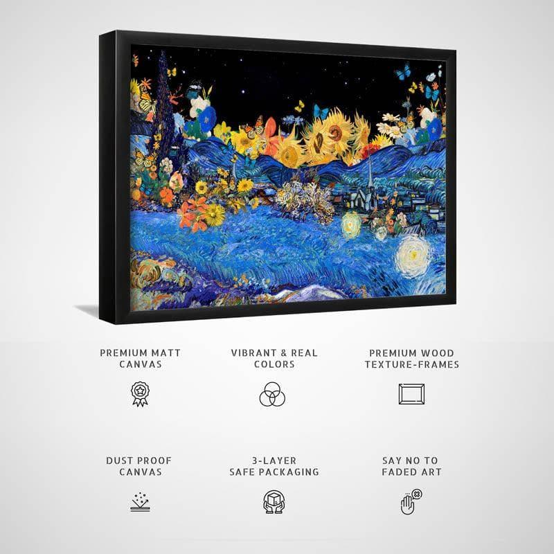 Wall Art & Paintings - Sunflower Garden & Starry Night Remix By Vincent Van Gogh - Black Frame