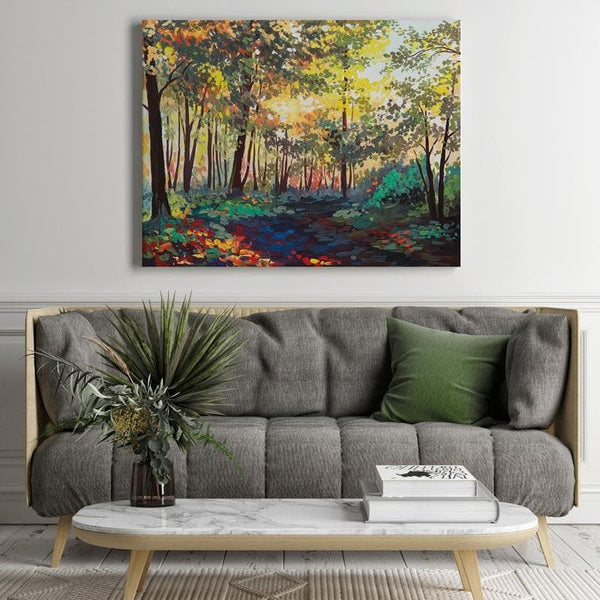 Buy Wall Art & Paintings - Sunrays Amidst Forest Wall Painting - Gallery Wrap at Vaaree online