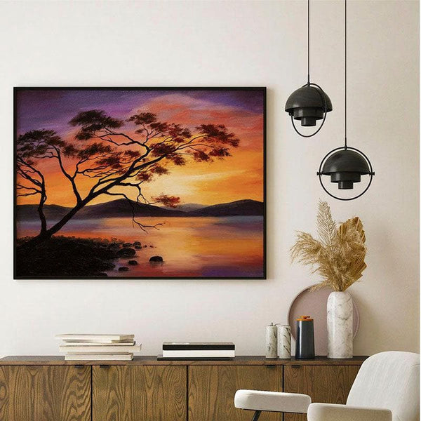 Wall Art & Paintings - Sunset By Lake Wall Painting - Black Frame