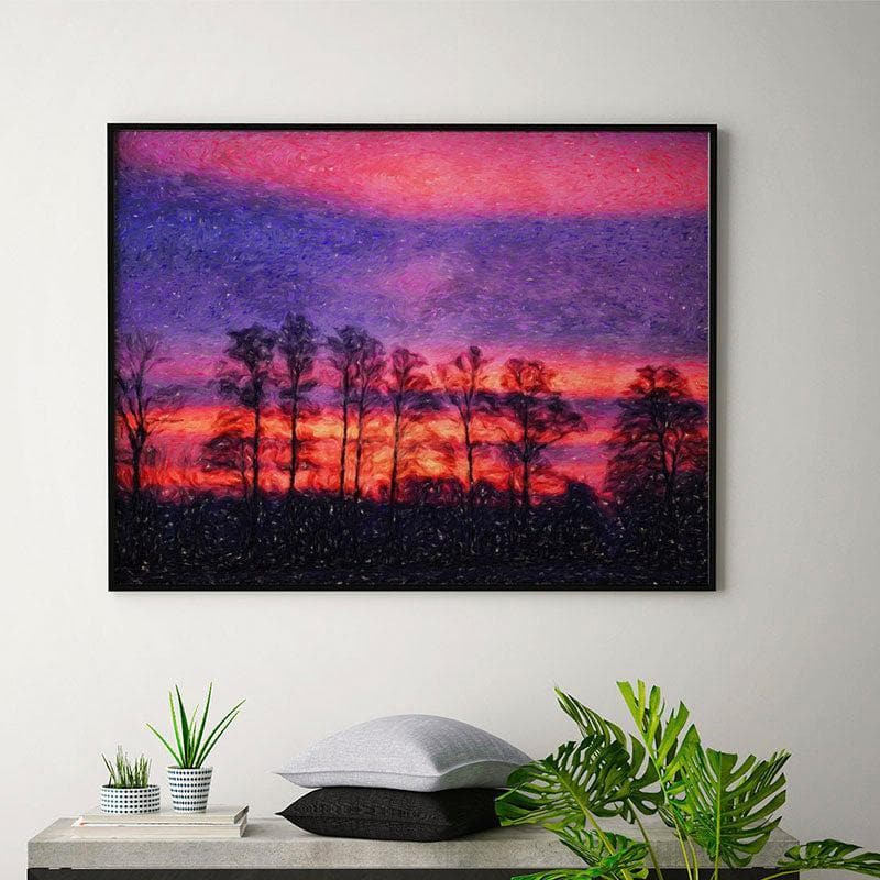 Wall Art & Paintings - Sunset In A Forest Wall Painting - Black Frame