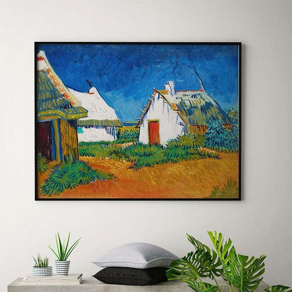 Wall Art & Paintings - Three White Cottages Canvas Painting By Vincent Van Gogh - Black Frame